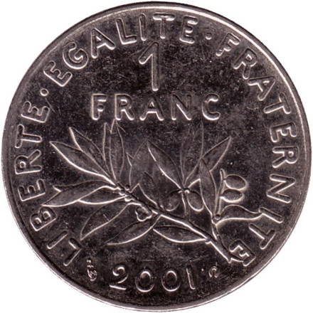 Монета 1 франк. 2001 год, Франция.