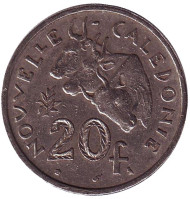 Монета 20 франков. 1970 год, Новая Каледония. Быки. Монета 20 франков. 1970 год, Новая Каледония. Быки.
