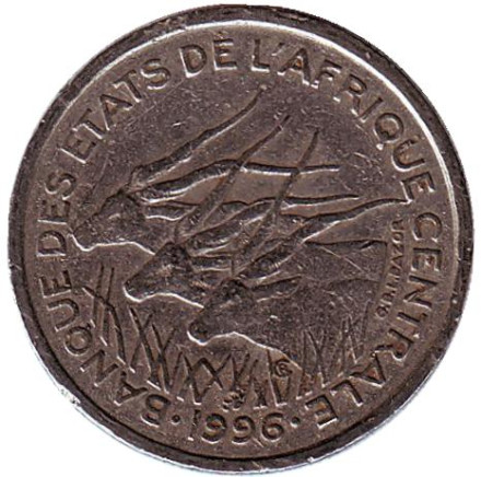 Монета 50 франков. 1996 год, Центральные Африканские штаты. Африканские антилопы. (Западные канны).