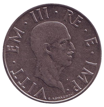 Монета 2 лиры. 1939 год, Италия. Немагнитная. (XVIII). Монета 2 лиры. 1939 год, Италия. Немагнитная. (XVIII).