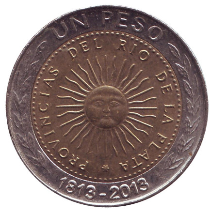 Монета 1 песо. 2013 год, Аргентина. 200 лет первой национальной монете.
