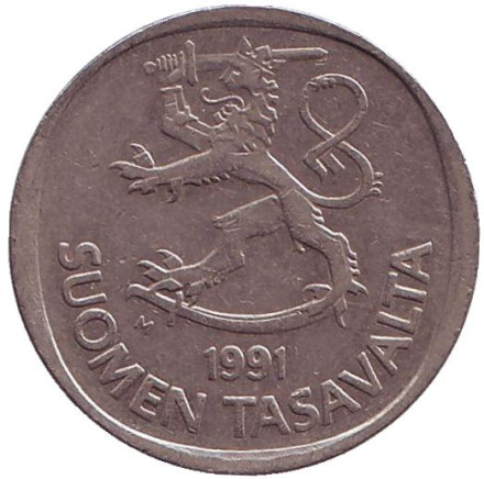 Монета 1 марка. 1991 год, Финляндия. Из обращения. Монета 1 марка. 1991 год, Финляндия. Из обращения.