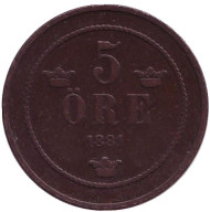 Монета 5 эре. 1881 год, Швеция. Монета 5 эре. 1881 год, Швеция.