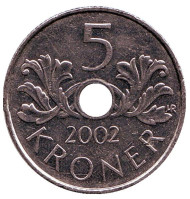 Монета 5 крон. 2002 год, Норвегия.