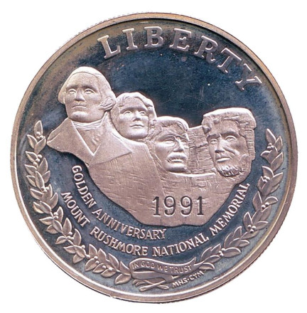 Монета 1 доллар. 1991 год, США. Proof. 50 лет Национальному мемориалу Рашмор.