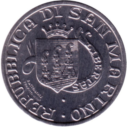 Монета 5 лир. 1989 год, Сан-Марино. Шестнадцать веков истории. Монета 5 лир. 1989 год, Сан-Марино. Шестнадцать веков истории.
