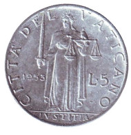Монета 5 лир. 1953 год, Ватикан. Богиня правосудия. Монета 5 лир. 1953 год, Ватикан. Богиня правосудия.