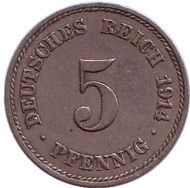 Монета 5 пфеннигов. 1914 год (J), Германская империя. Монета 5 пфеннигов. 1914 год (J), Германская империя.