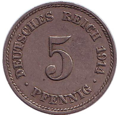 Монета 5 пфеннигов. 1914 год (J), Германская империя.