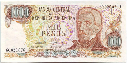 Банкнота 1000 песо. 1976-1983 гг., Аргентина. Тип 5. Хосе Сан-Мартин. Площадь Мая.