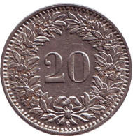 Монета 20 раппенов. 1924 год, Швейцария. Монета 20 раппенов. 1924 год, Швейцария.