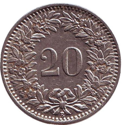 Монета 20 раппенов. 1924 год, Швейцария.