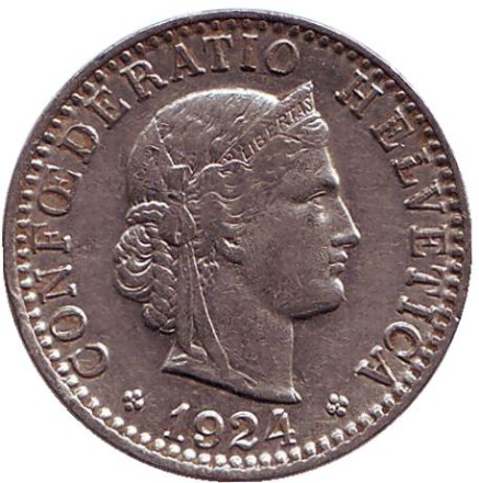 Монета 20 раппенов. 1924 год, Швейцария. Монета 20 раппенов. 1924 год, Швейцария.