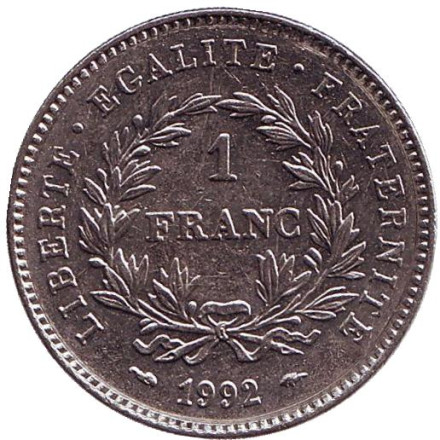 Монета 1 франк, 1992 год, Франция. 200-летие Французской Республики.