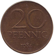 Монета 20 пфеннигов. 1984 год, ГДР. Монета 20 пфеннигов. 1984 год, ГДР.