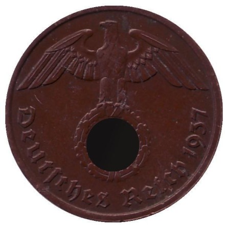 Монета 2 рейхспфеннига. 1937 год, Германия (Третий Рейх). (A).