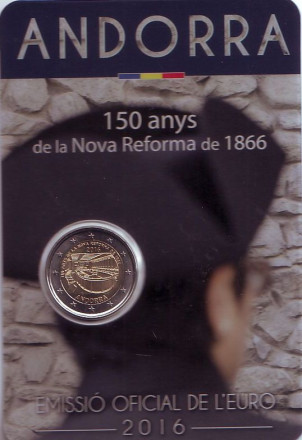 Монета 2 евро. 2016 год, Андорра. 150 лет Новой реформе 1866 года.