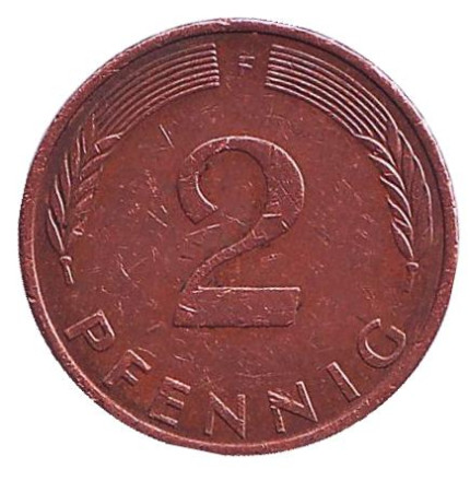 Монета 2 пфеннига. 1973 год (F), ФРГ. Дубовые листья.