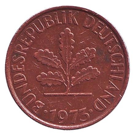 Монета 2 пфеннига. 1973 год (F), ФРГ. Дубовые листья. Монета 2 пфеннига. 1973 год (F), ФРГ. Дубовые листья.
