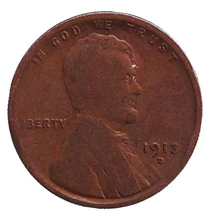 Монета 1 цент. 1913 год (D), США. Линкольн.