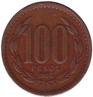 Монета 100 песо. 1986 год, Чили. Монета 100 песо. 1986 год, Чили.