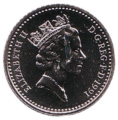 Монета 5 пенсов. 1991 год, Великобритания. BU.