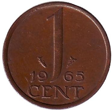 Монета 1 цент. 1965 год, Нидерланды.