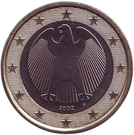 Монета 1 евро. 2002 год (F), Германия.