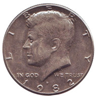 Монета 50 центов. 1982 год (D), США. Джон Кеннеди. Монета 50 центов. 1982 год (D), США. Джон Кеннеди.