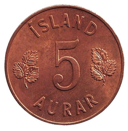 Монета 5 аураров. 1963 год, Исландия. aUNC.