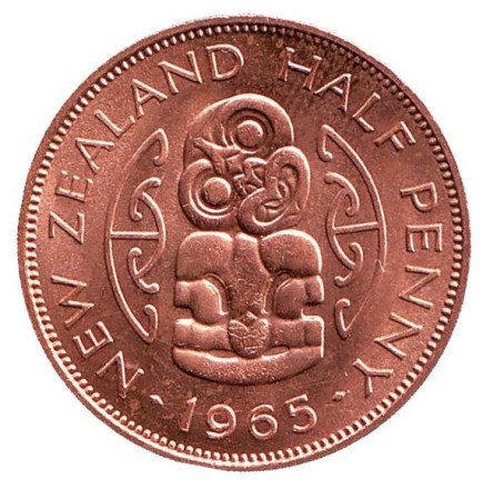 Монета 1/2 пенни, 1965 год, Новая Зеландия. Амулет-талисман Хей-Тики.