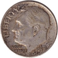 Монета 10 центов. 1957 год, США. Монетный двор D. Рузвельт. Монета 10 центов. 1957 год, США. Монетный двор D. Рузвельт.