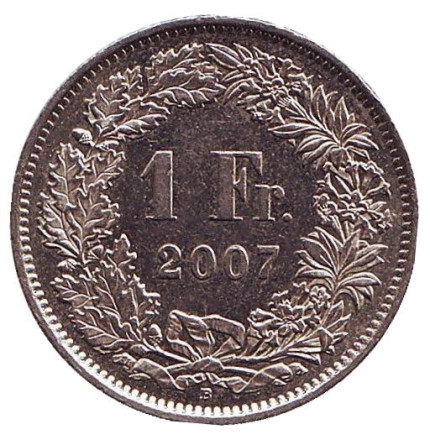 Монета 1 франк. 2007 год, Швейцария. Гельвеция.