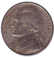 Монета 5 центов. 1994 год (P), США. Джефферсон. Монтичелло. Монета 5 центов. 1994 год (P), США. Джефферсон. Монтичелло.