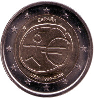 Монета 2 евро. 2009 год, Испания. 10 лет Экономическому и валютному союзу.