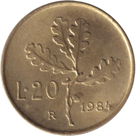 Монета 20 лир. 1984 год, Италия. Дубовая ветвь.