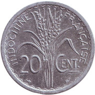 Монета 20 сантимов. 1945 год, Французский Индокитай. XF-aUNC. (Без отметки монетного двора) Монета 20 сантимов. 1945 год, Французский Индокитай. XF-aUNC. (Без отметки монетного двора)