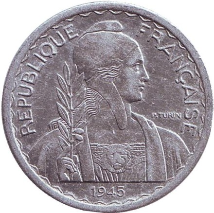Монета 20 сантимов. 1945 год, Французский Индокитай. XF-aUNC. (Без отметки монетного двора)