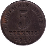Монета 5 пфеннигов. 1919 год (F), Германская империя. Монета 5 пфеннигов. 1919 год (F), Германская империя.