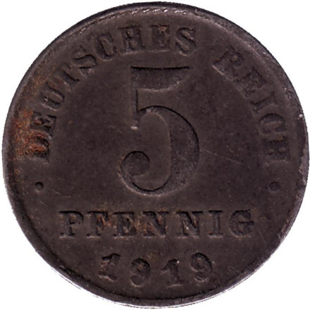 Монета 5 пфеннигов. 1919 год (F), Германская империя.