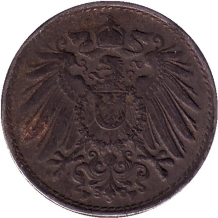 Монета 5 пфеннигов. 1919 год (F), Германская империя. Монета 5 пфеннигов. 1919 год (F), Германская империя.