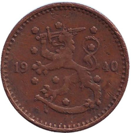 Монета 1 марка. 1940 год (медь), Финляндия. Редкая.