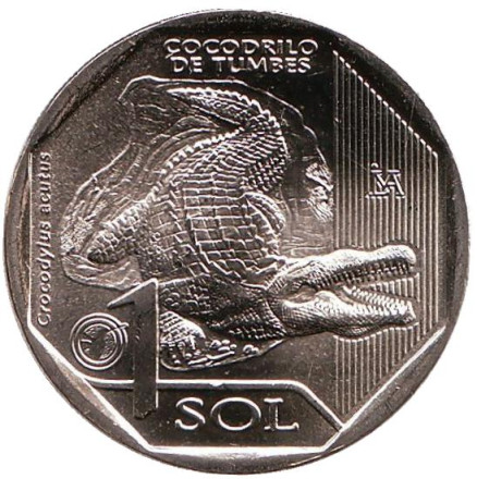 Монета 1 соль. 2017 год, Перу. Острорылый крокодил. (Крокодил Тумбес). Фауна Перу.