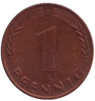 Монета 1 пфенниг. 1970 год (D), ФРГ. Дубовые листья. Монета 1 пфенниг. 1970 год (D), ФРГ. Дубовые листья.