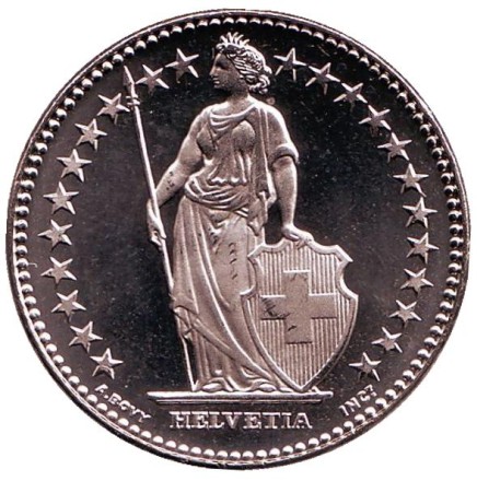 Монета 2 франка. 2015 год, Швейцария. UNC. Гельвеция. Монета 2 франка. 2015 год, Швейцария. UNC. Гельвеция.