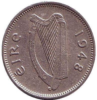 Монета 3 пенса. 1948 год, Ирландия. Заяц. Монета 3 пенса. 1948 год, Ирландия. Заяц.