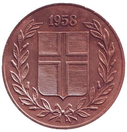 Монета 5 аураров. 1958 год, Исландия. Монета 5 аураров. 1958 год, Исландия.