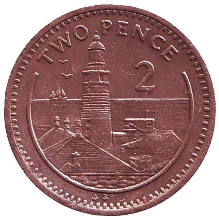 Монета 2 пенса. 1995 год, Гибралтар. (Отметка "AB", Немагнитная) Маяк.