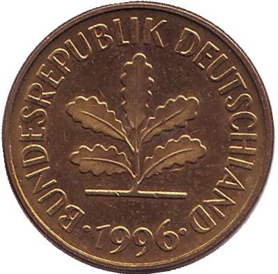 Монета 5 пфеннигов. 1996 год (F), ФРГ. Дубовые листья. Монета 5 пфеннигов. 1996 год (F), ФРГ. Дубовые листья.