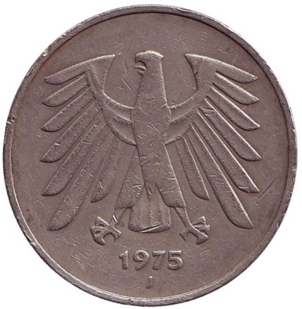 Монета 5 марок. 1975 год (J), ФРГ.